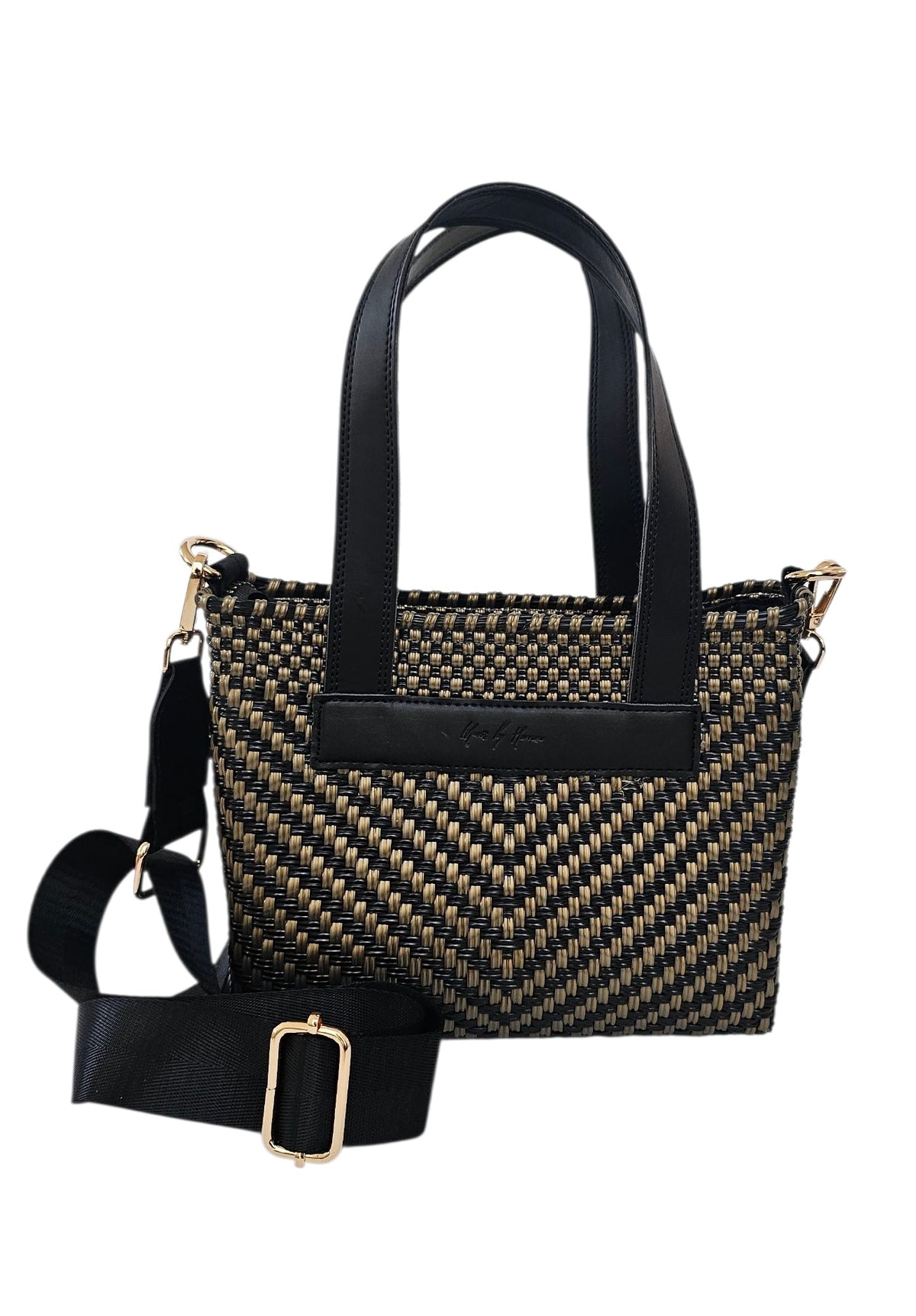 The Riviera Crossbody Tote – Black Gold — handwoven recycled-plastic convertible crossbody tote by Mavis by Herrera