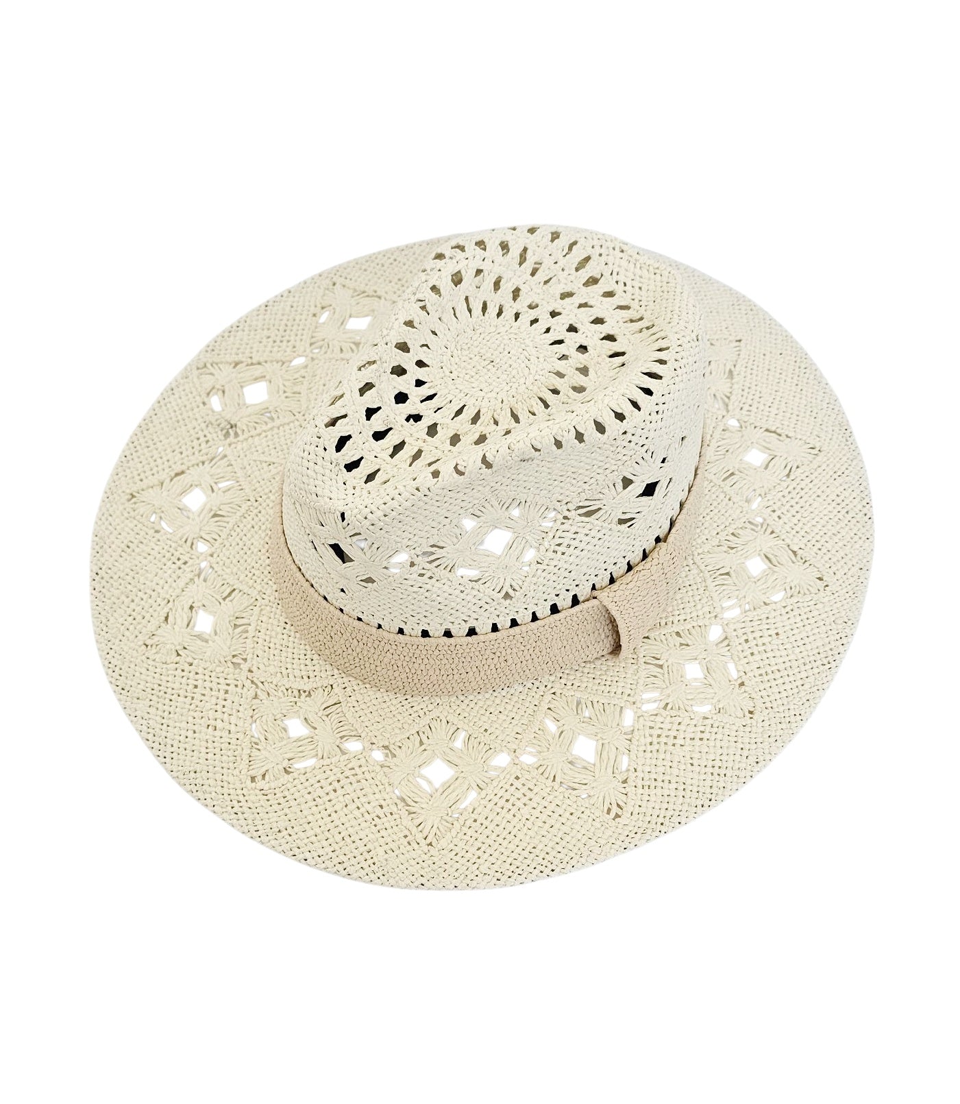 Beige straw hat with lace detailing on a white background