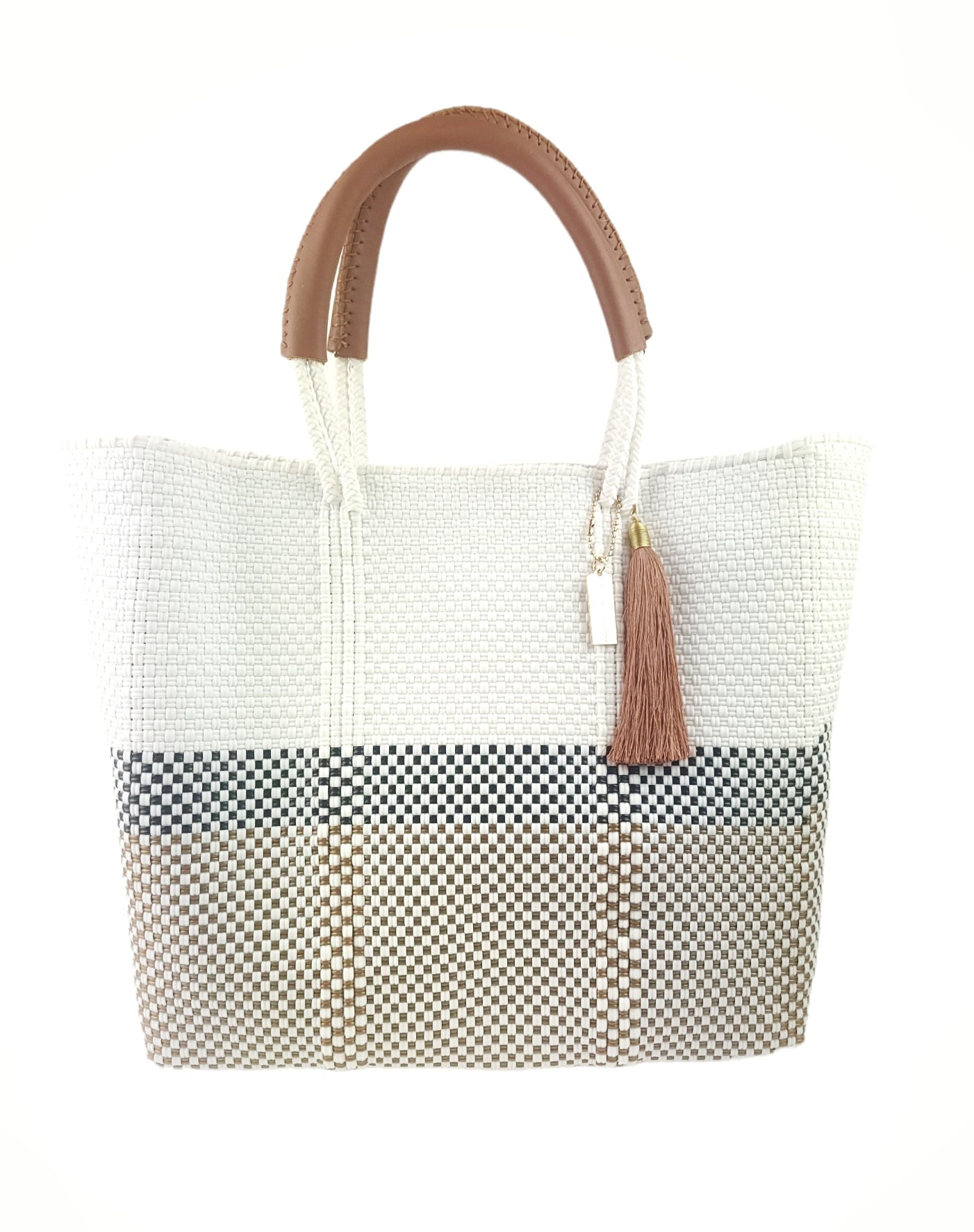 Handwoven resort tote bag in white and gold color with leather handles