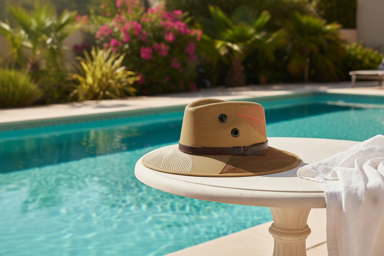 Woman wearing luxury handcrafted resort hat on tropical beach vacation