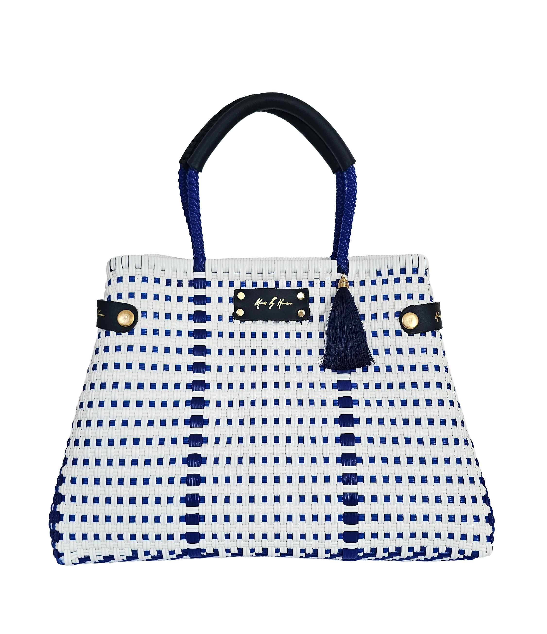 Handbag with blue and white checkered pattern on a white background