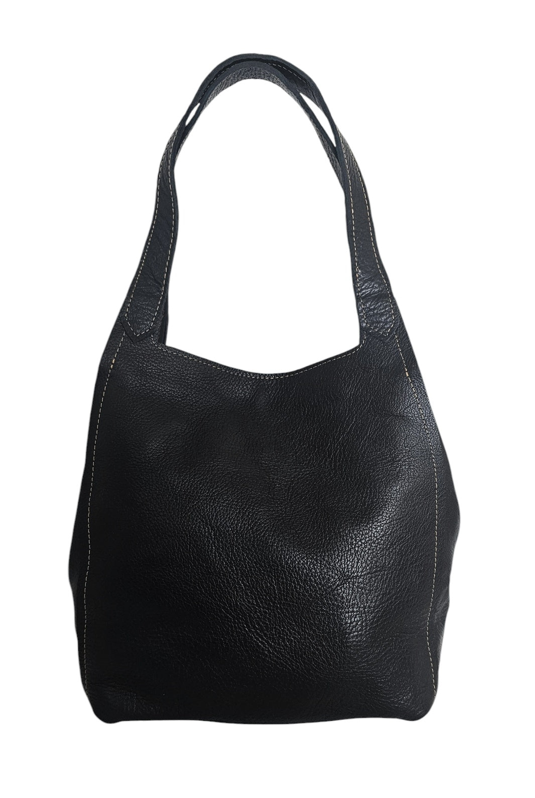 A black leather tote bag with foldable side panels and a magnetic button closure.