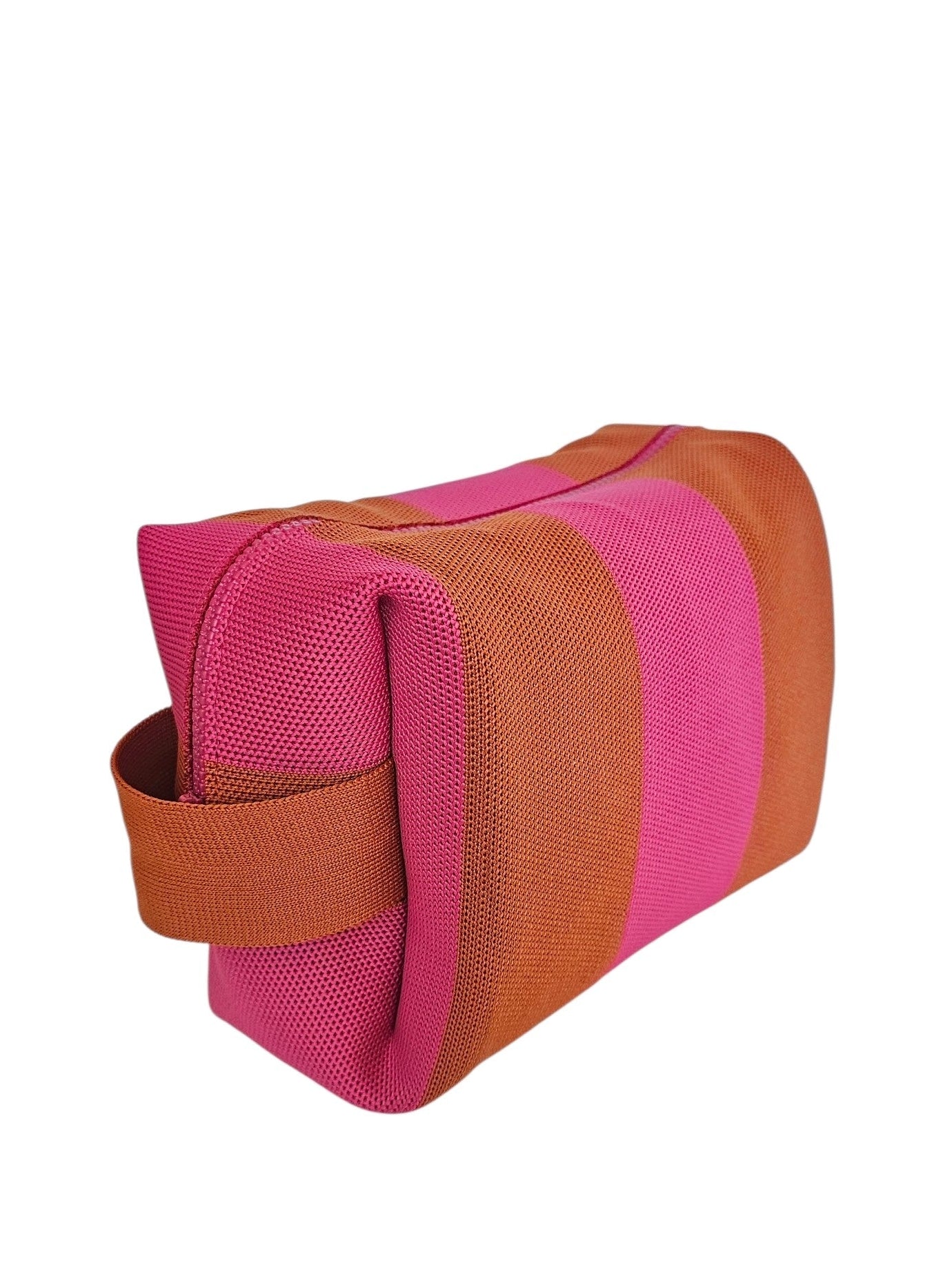 A rectangular cosmetic pouch with a textured pink and orange striped pattern and a orange strap handle, shown on a plain white background.