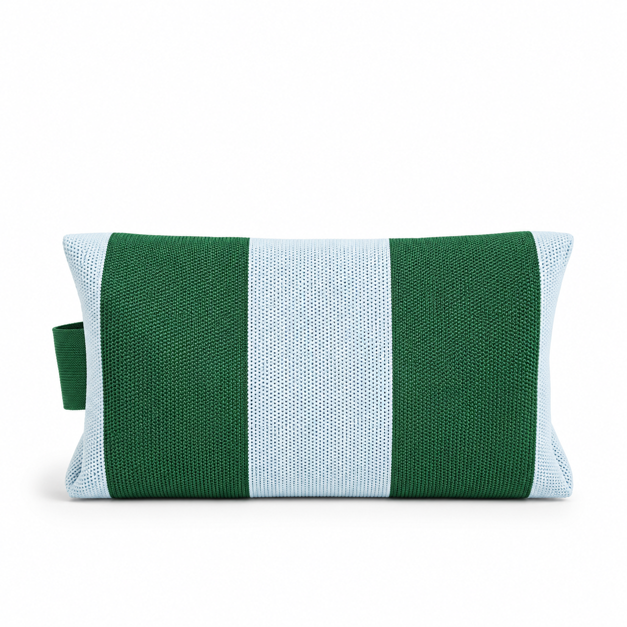 A rectangular woven pouch with vertical stripes in dark green and light blue,