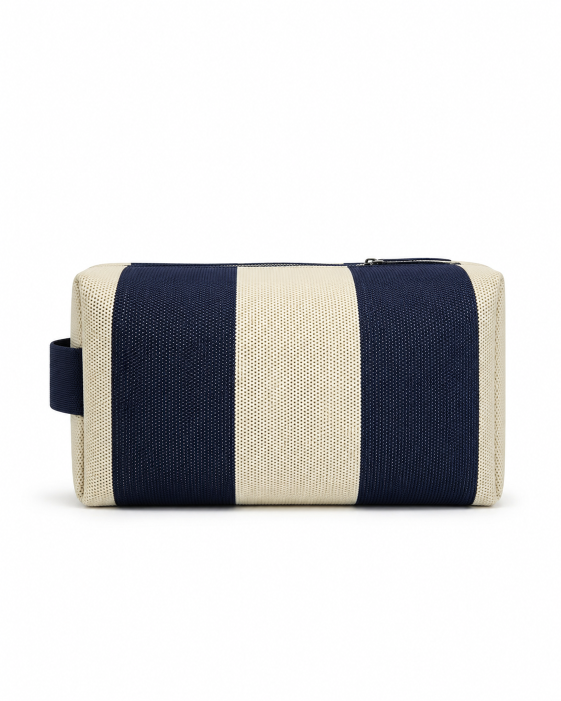 A rectangular zippered pouch with a woven fabric texture, featuring three vertical stripes in navy blue, cream, and navy blue, with a small navy blue loop handle on the left side.