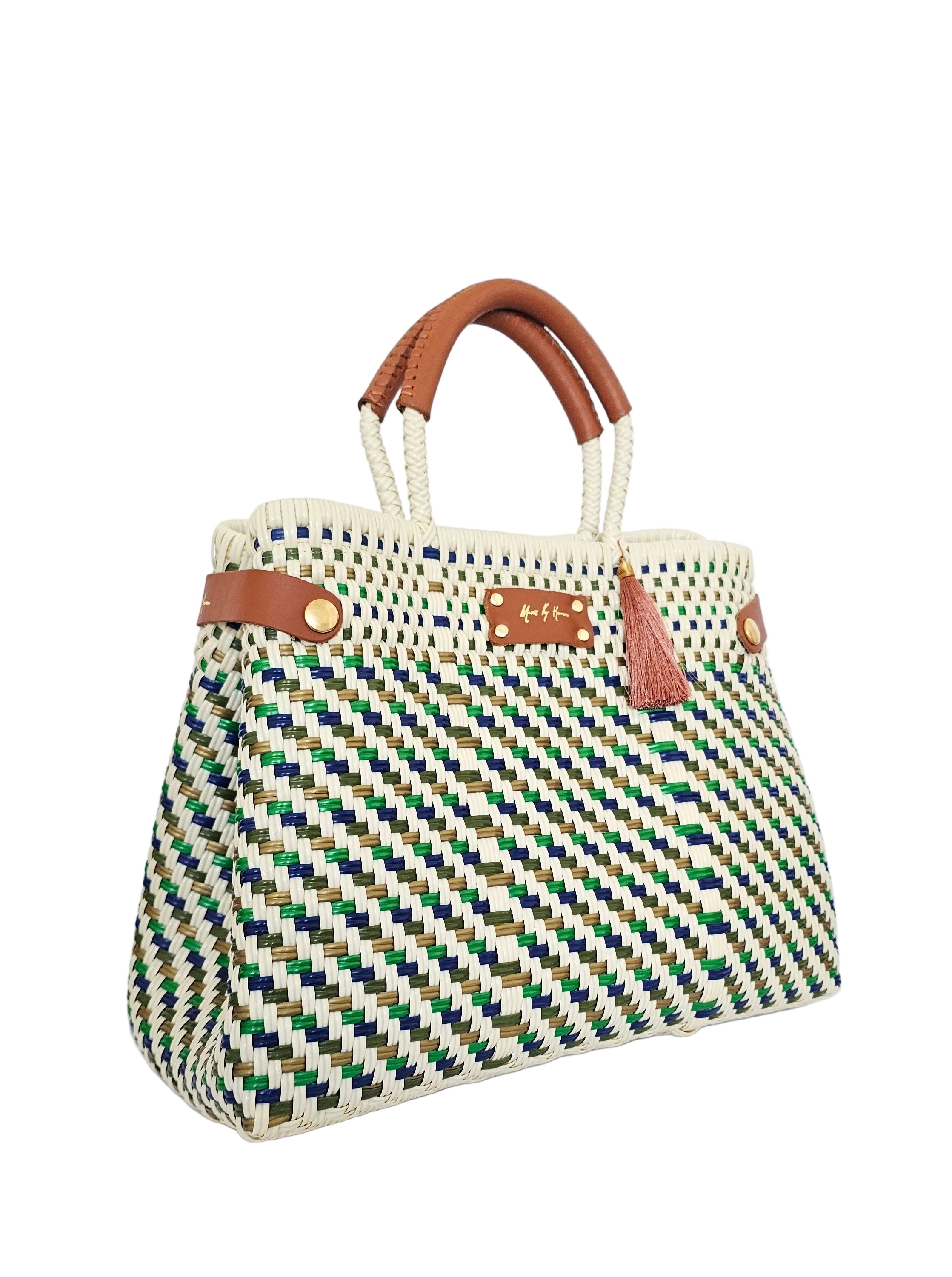 Evergreen Coast handwoven recycled-plastic convertible handbag and tote in ivory, green and blue