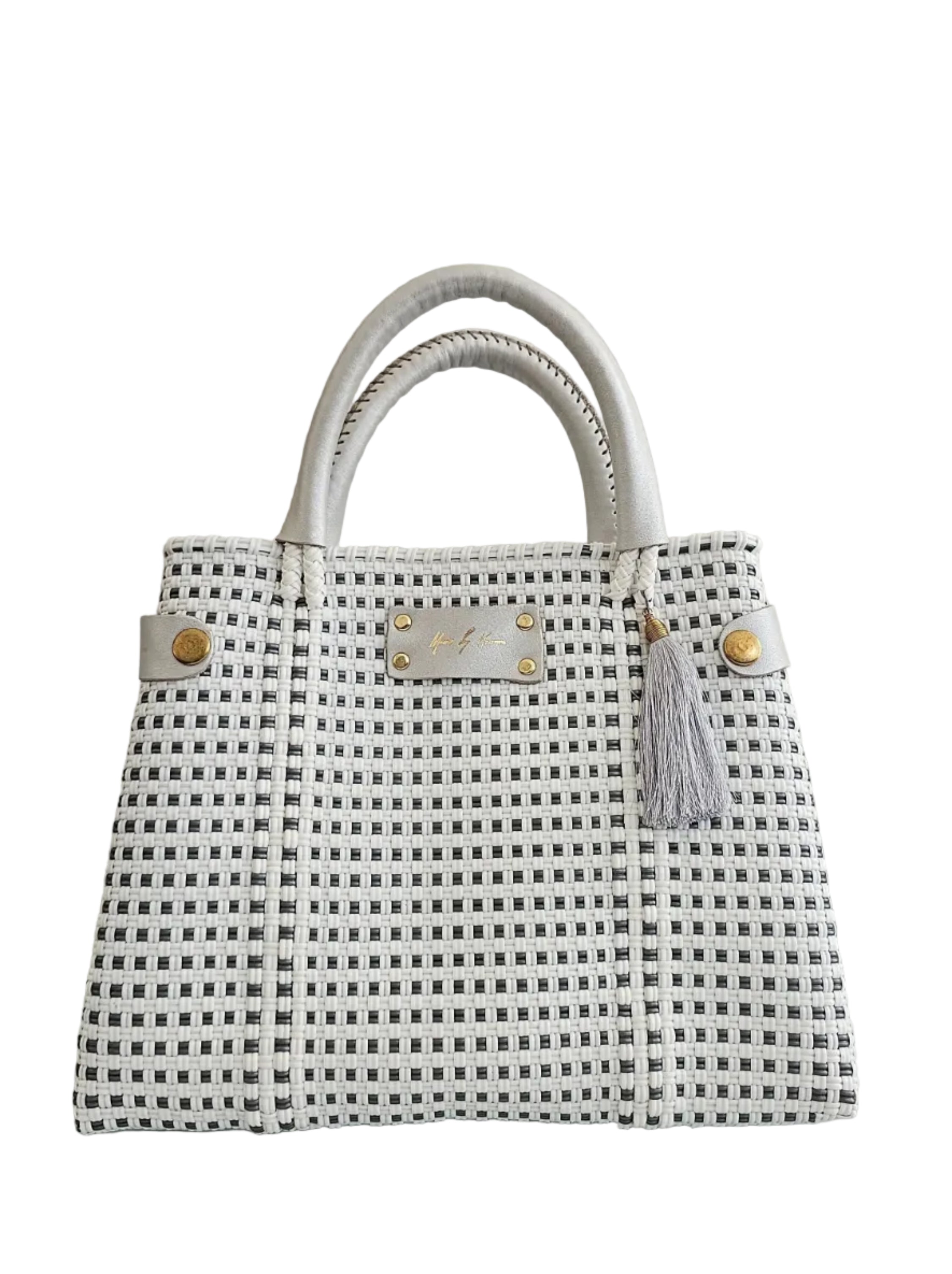 Artisan crossbody tote bag in white and silver with a crossbody strap