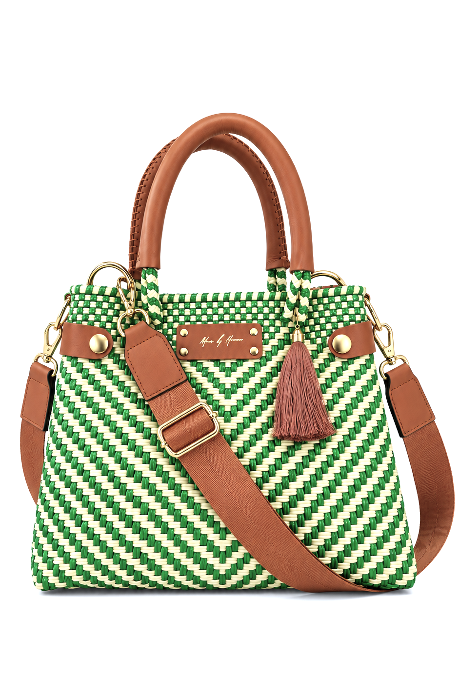 A woven handbag with a green and white diagonal pattern, brown leather handles and shoulder strap, and gold-tone hardware on a white background.