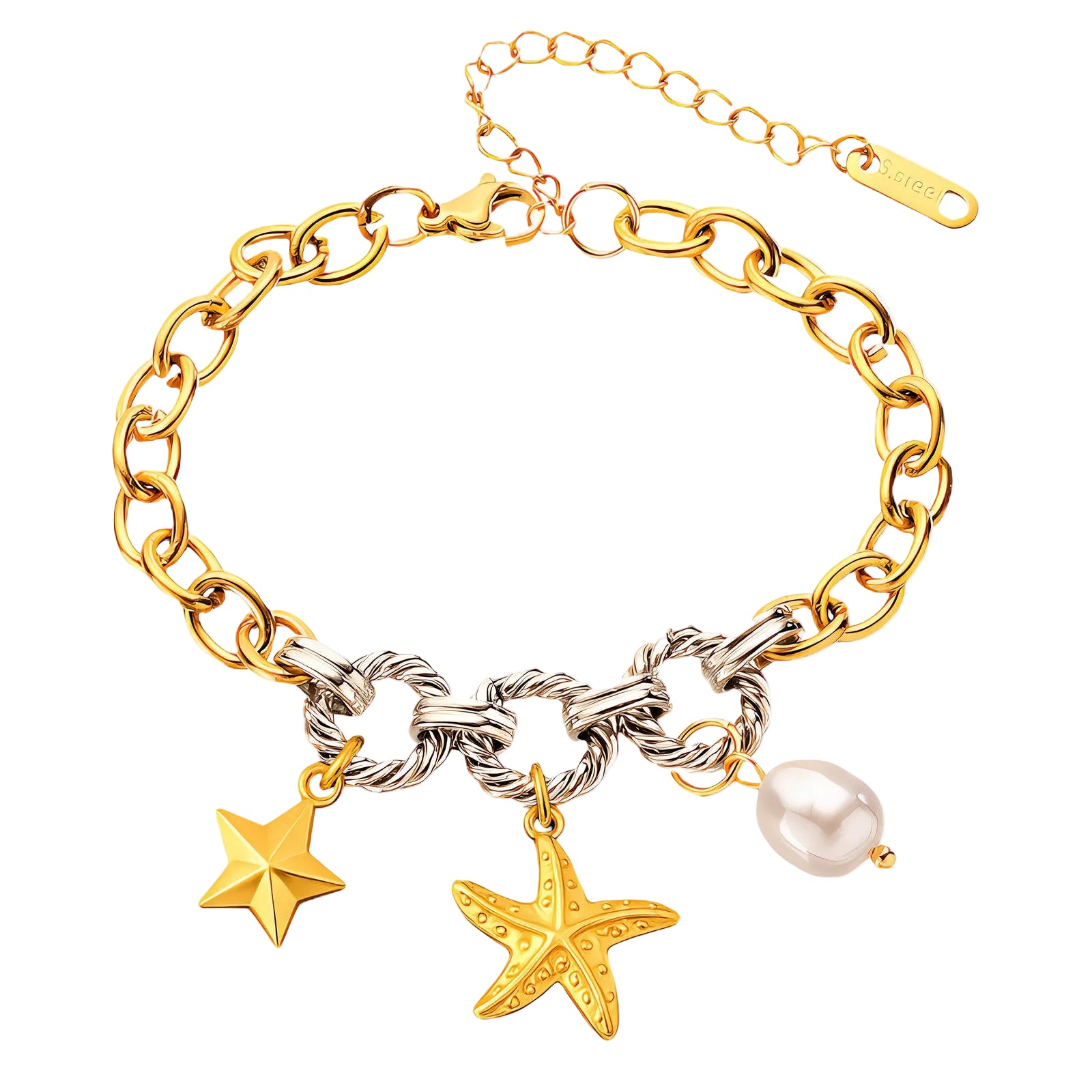 Gold chain bracelet with starfish and pearl charms 