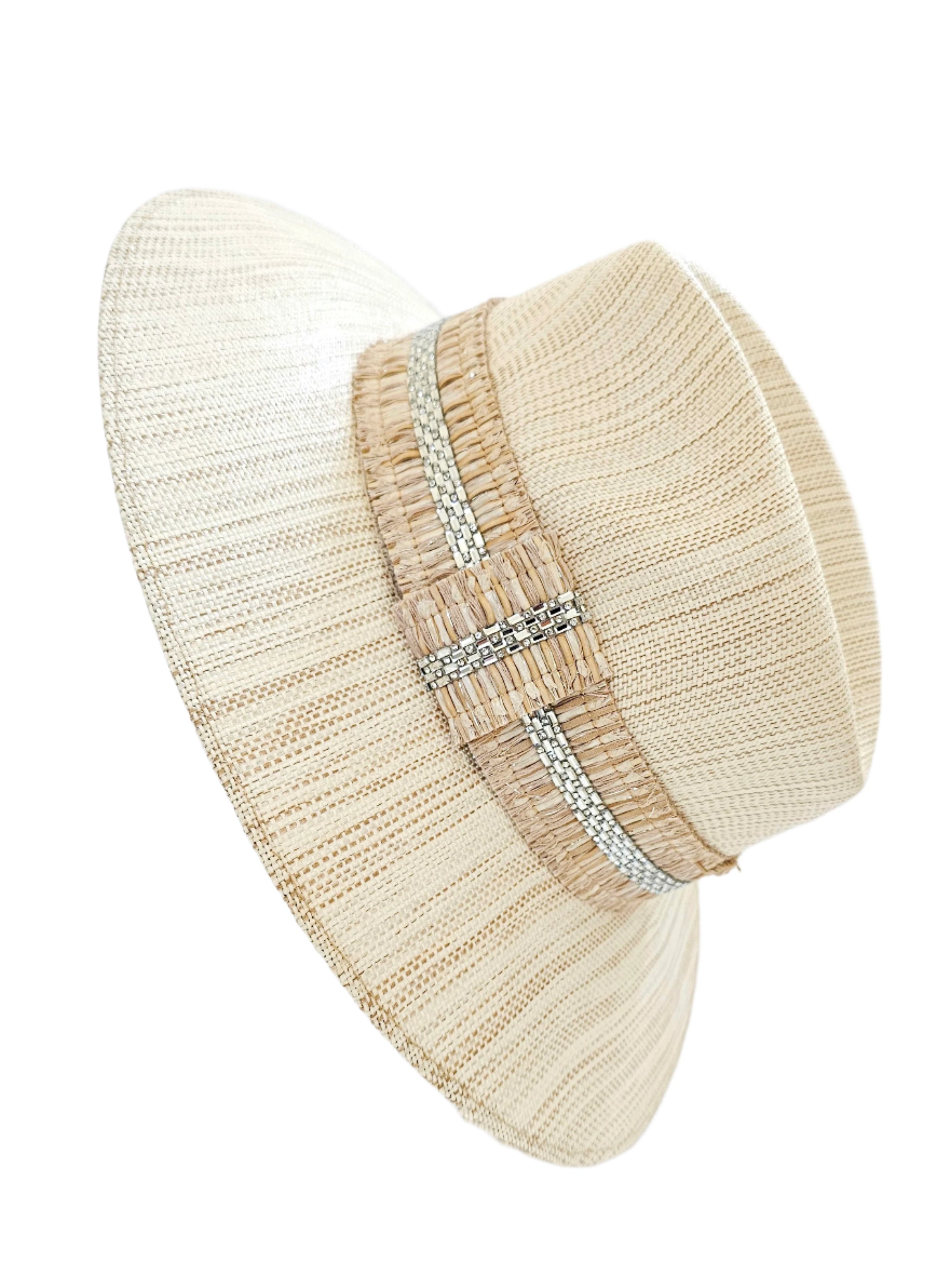Beige straw hat with decorative band on a white background