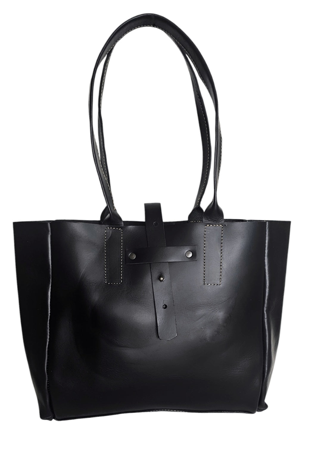 A black leather tote bag with two long handles, a snap closure, and two interior slip pockets.