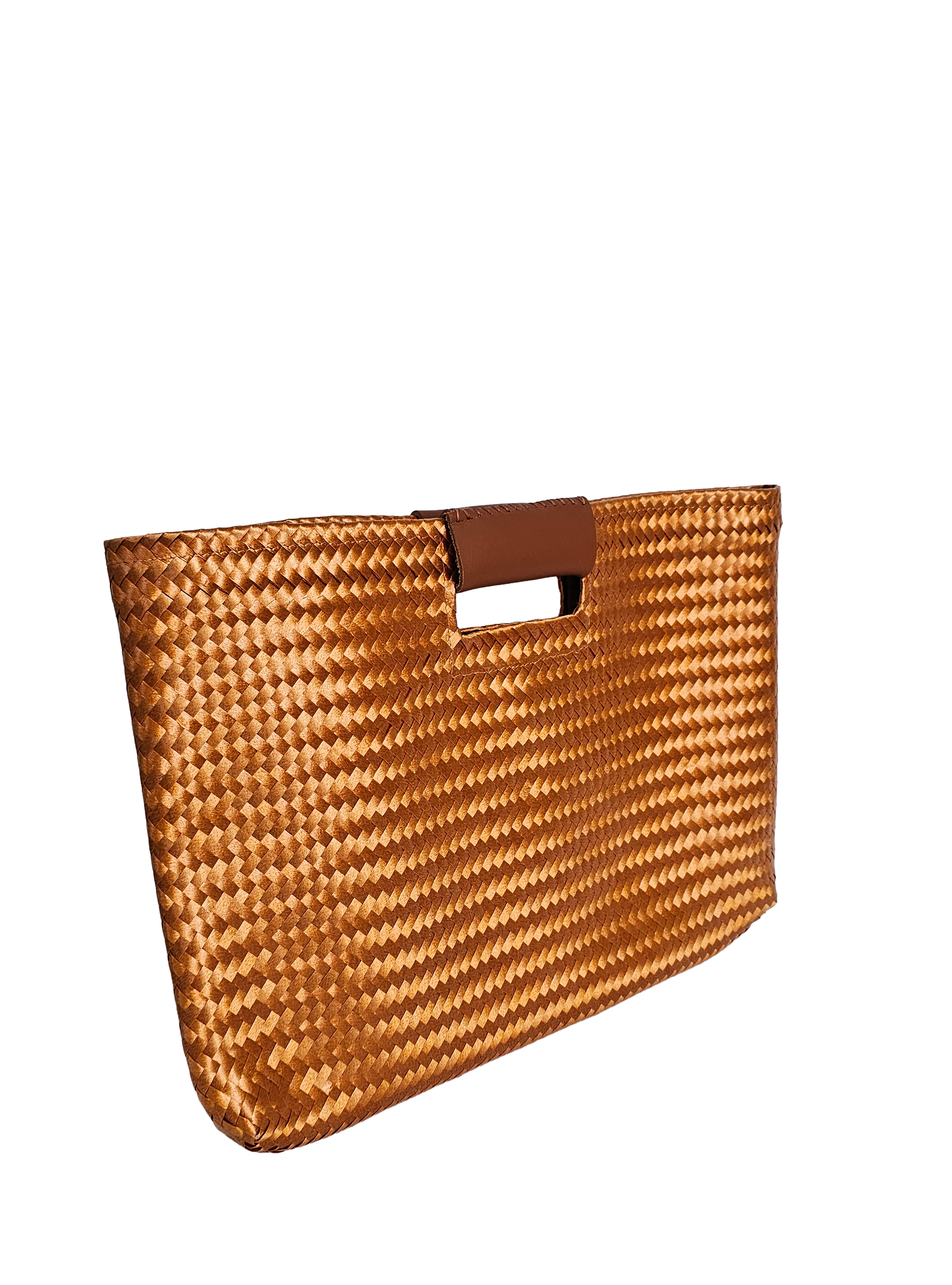 Woven brown clutch with a leather handle on a white background