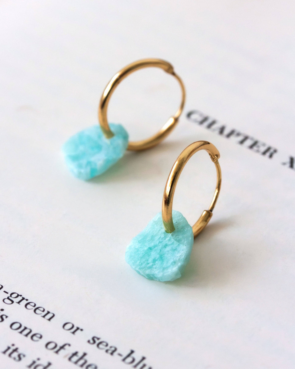 Amazonite Serenity Mini Hoop Earrings: gold-tone mini hoop earrings with pale aqua stone drops.