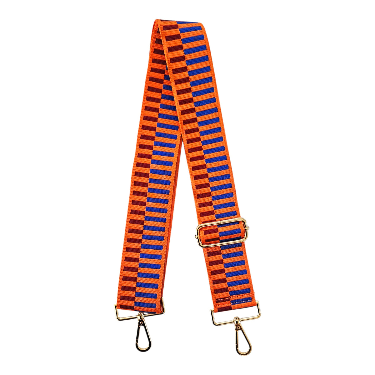 Bag Strap for Crossbody - Orange: orange and blue patterned adjustable crossbody bag strap with metal clips.
