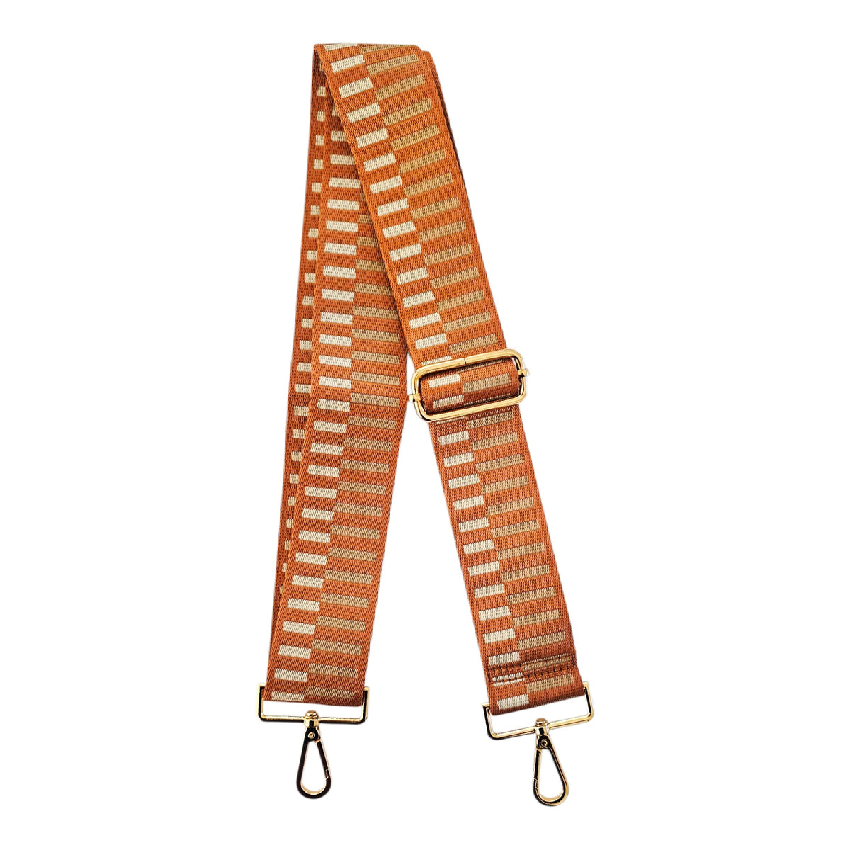 Bag Strap for Crossbody: tan patterned adjustable crossbody bag strap with metal clips.