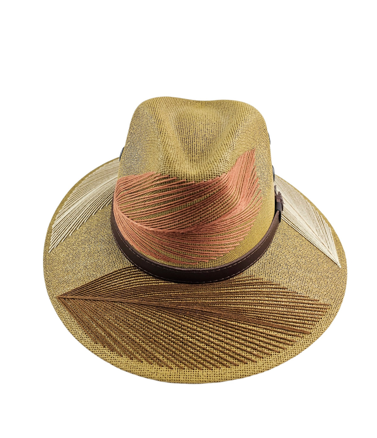 Cabana Embroidered Fedora Hat - Brown: brown embroidered fedora with black hatband, front view.