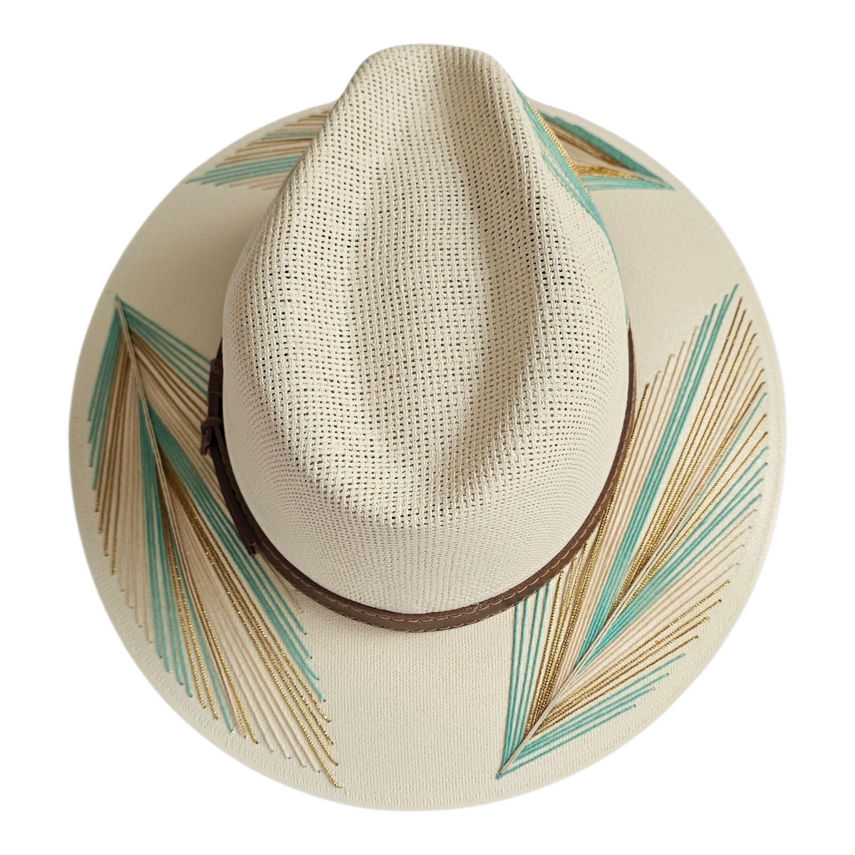 Beige straw hat with decorative band on a white background