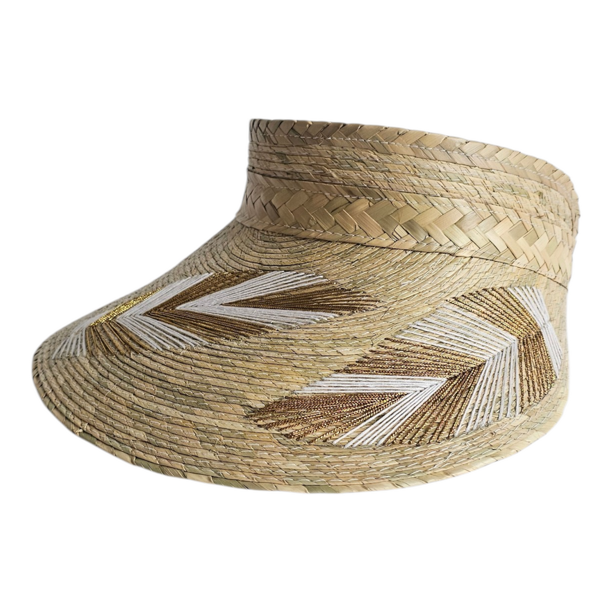 Cabana Embroidered Visor - Gold Brown: natural woven visor with embroidered brim, angled view.