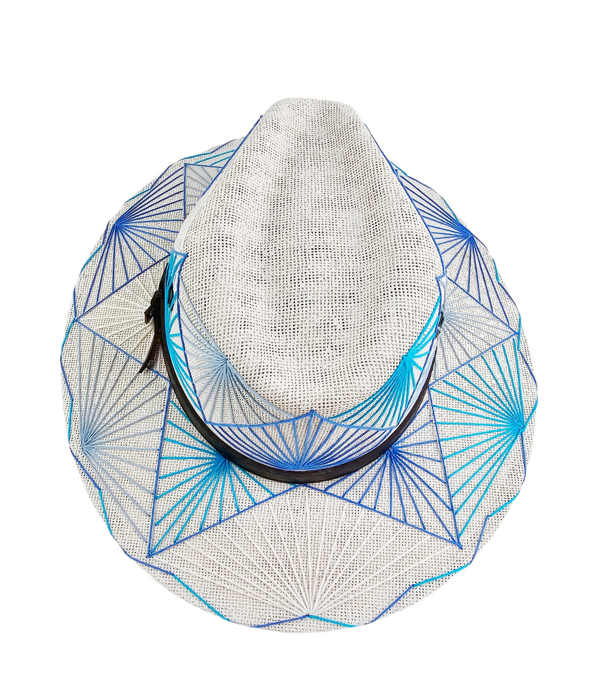 Cielito Lindo Fedora Hat: white fedora showing blue geometric embroidery across the brim, overhead view.