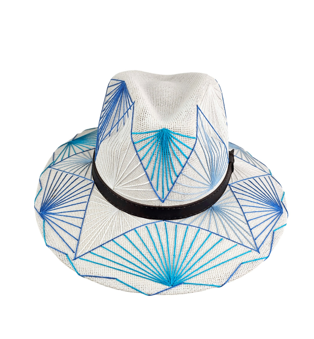 Cielito Lindo Fedora Hat: white fedora with blue and turquoise geometric embroidery and black hatband, front view.