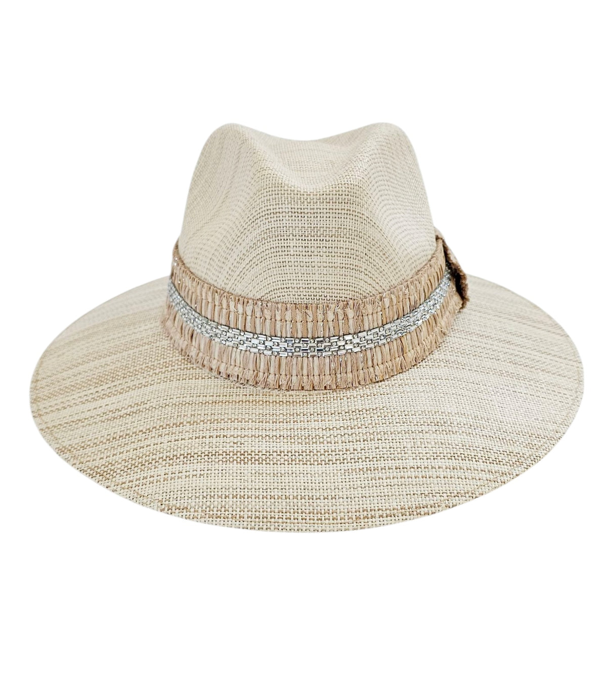 Crystalline Radiance Resort Hat: ivory resort fedora with sparkling hatband, front view.