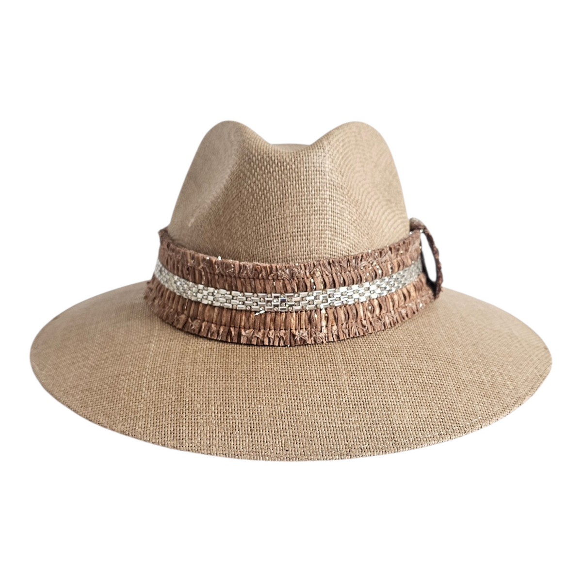 Crystalline Radiance Resort Hat - Terra: terra brown fedora with sparkling hatband, front view.