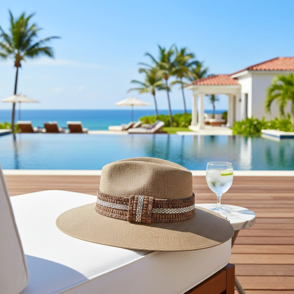 Crystalline Radiance Resort Hat - Terra: terra brown resort fedora beside a pool.