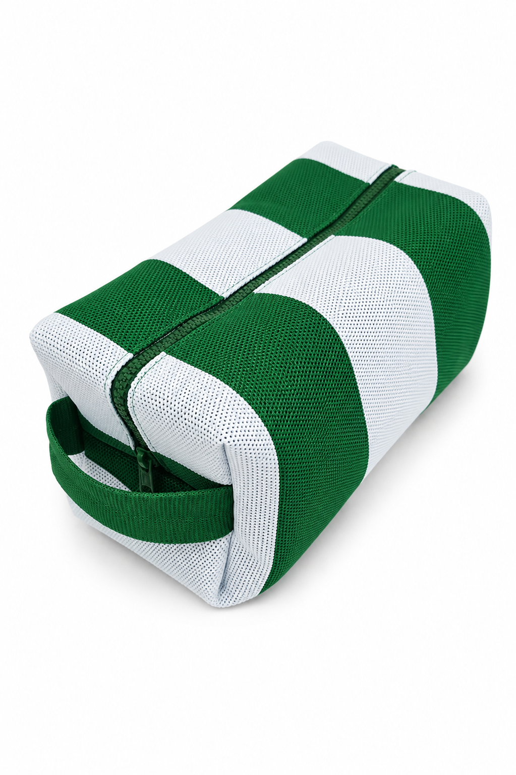  green and white striped canvas zippered pouch with a matching green carrying handle