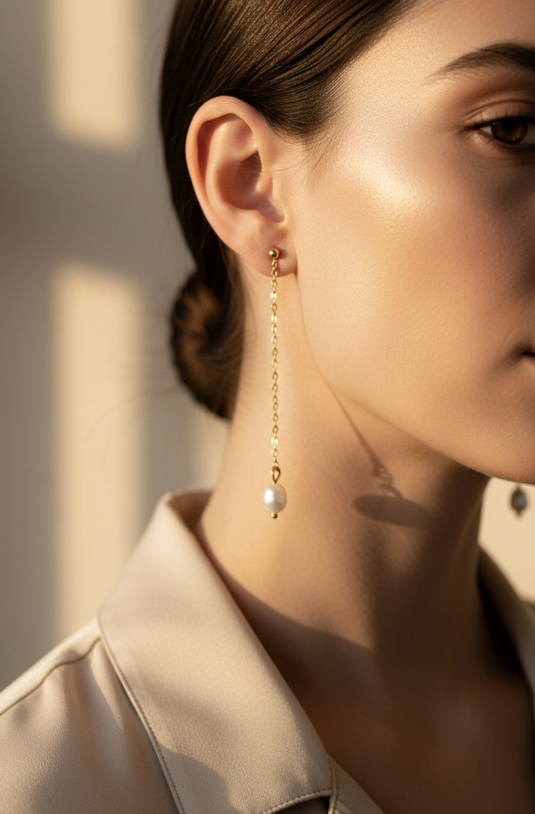 La Perle Line Earrings: model wearing long pearl-accent drop earrings.