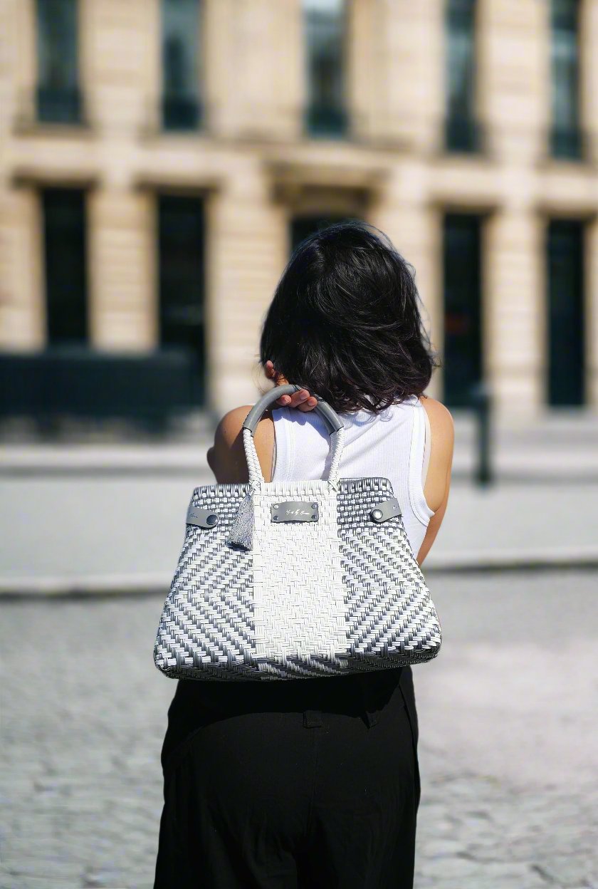 Less Pollution Convertible Handbag – Diamond Luxe — handwoven recycled-plastic convertible handbag and tote by Mavis by Herrera