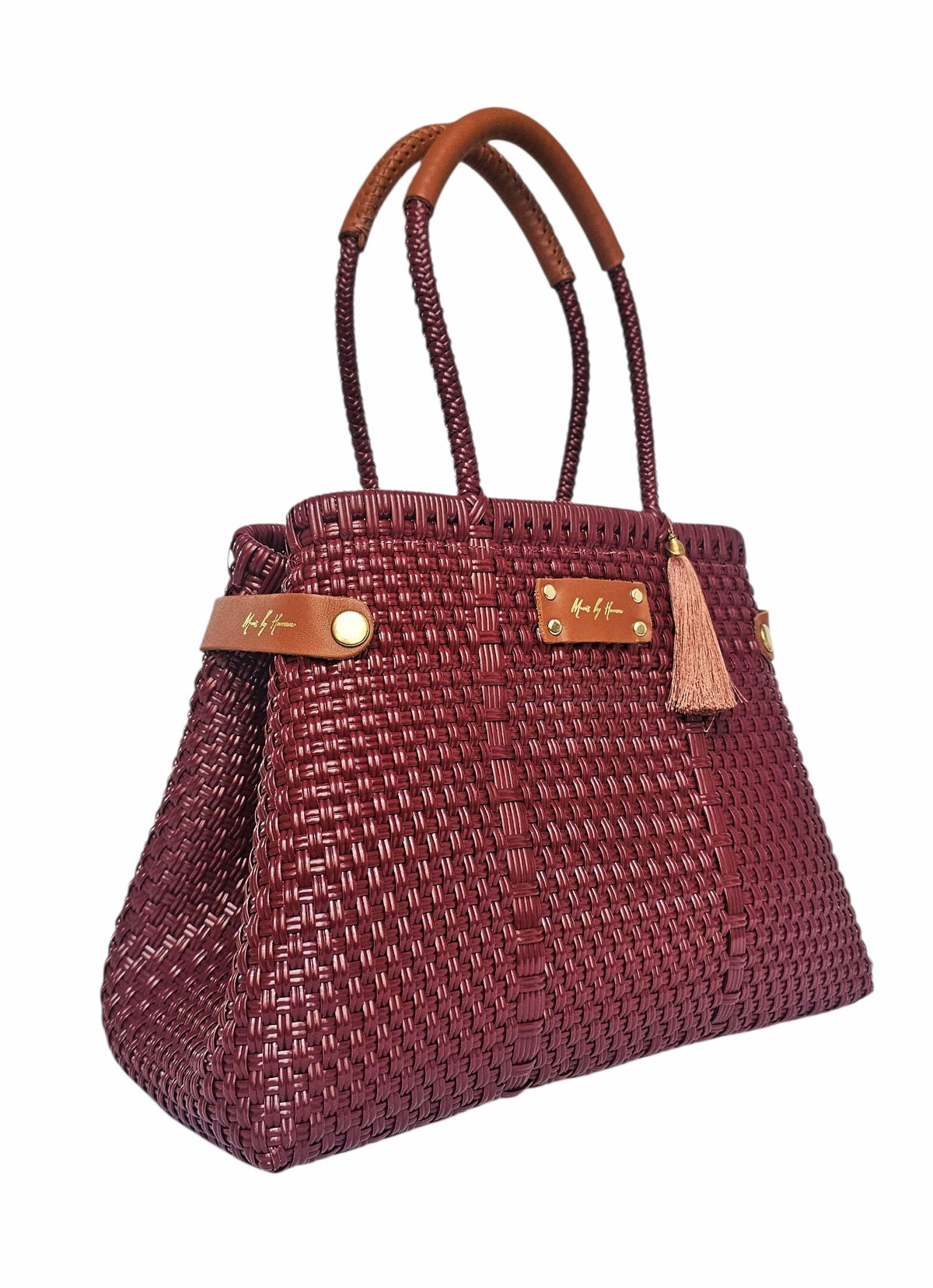 Less Pollution Convertible Handbag to Tote – Burgundy — handwoven recycled-plastic convertible handbag and tote by Mavis…