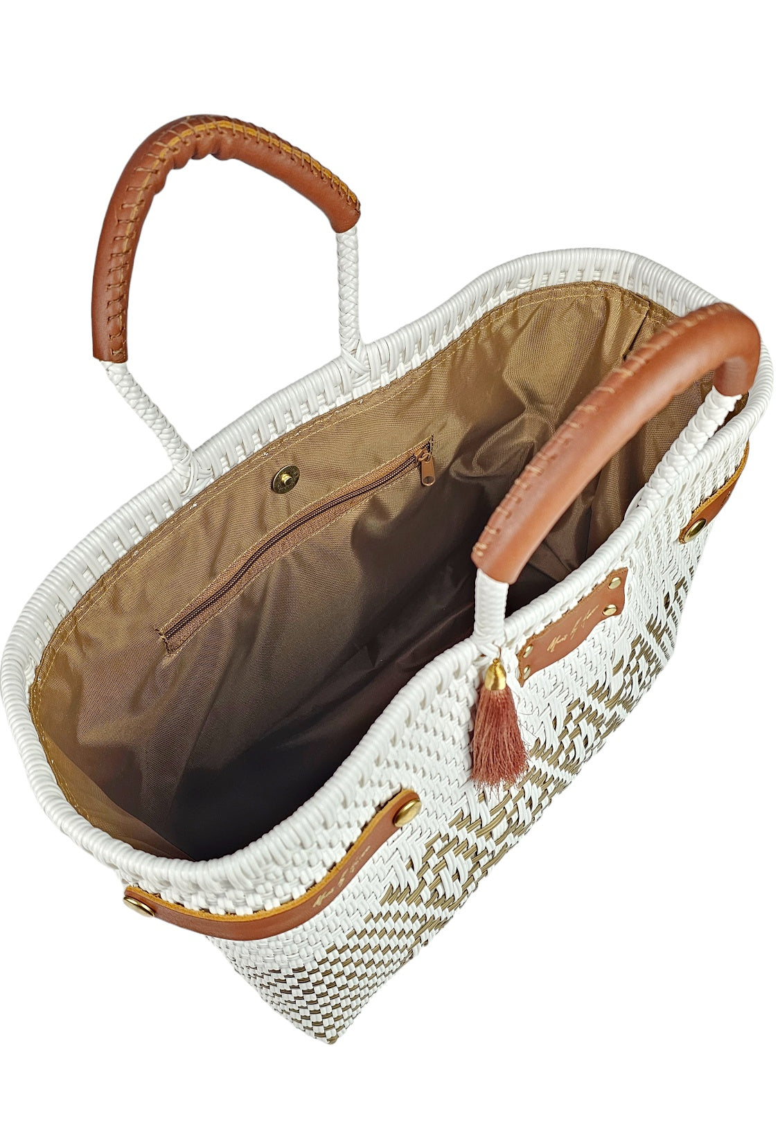 Less Pollution Convertible Handbag to Tote – French Gold — handwoven recycled-plastic convertible handbag and tote by Mavis by Herrera