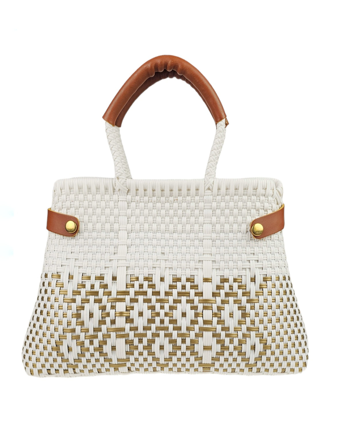 Less Pollution Convertible Handbag to Tote – French Gold — handwoven recycled-plastic convertible handbag and tote by Mavis by Herrera