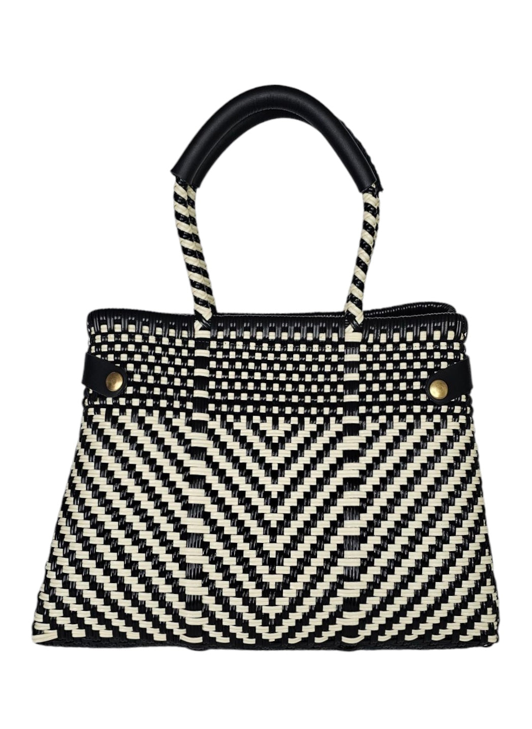 Less Pollution Convertible Handbag – Luxe Ivory Black — handwoven recycled-plastic convertible handbag and tote by Mavis…