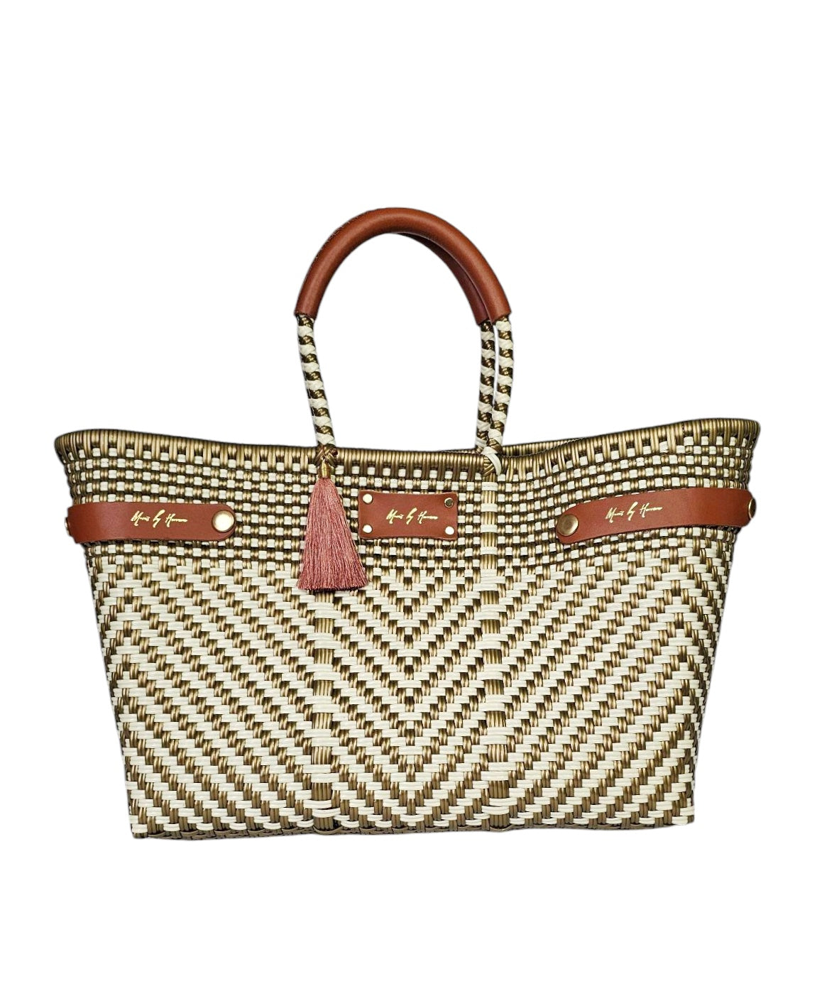Less Pollution Convertible Handbag – Luxe Ivory Gold — handwoven recycled-plastic convertible handbag and tote by Mavis…
