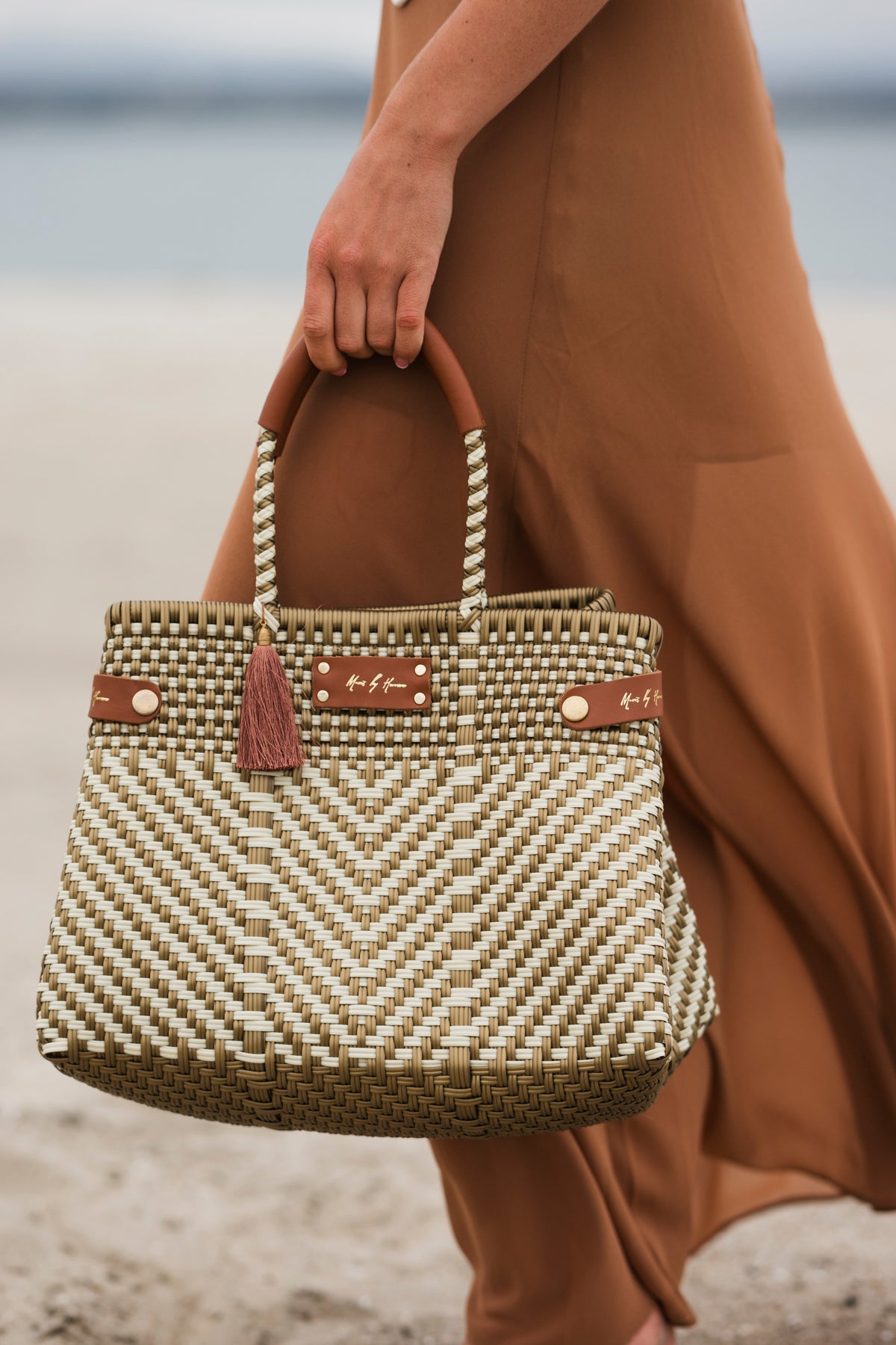Less Pollution Convertible Handbag – Luxe Ivory Gold — handwoven recycled-plastic convertible handbag and tote by Mavis…