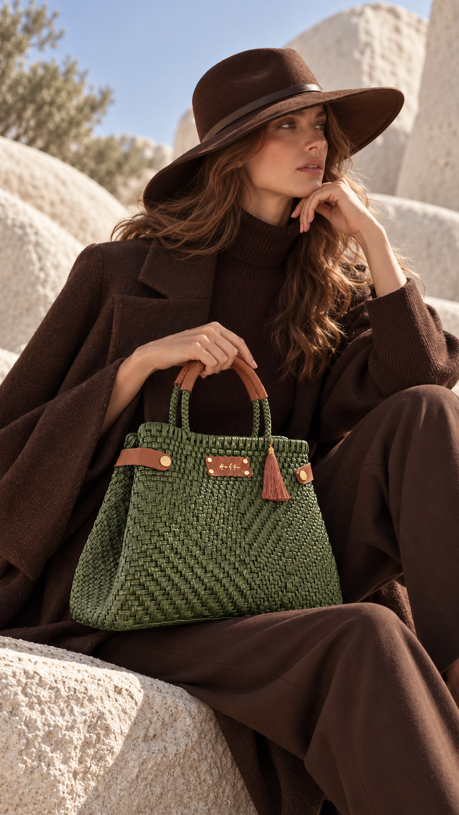 Less Pollution Convertible Handbag to Tote- Olivetta: woman carrying an olive-green woven handbag with brown leather handles.