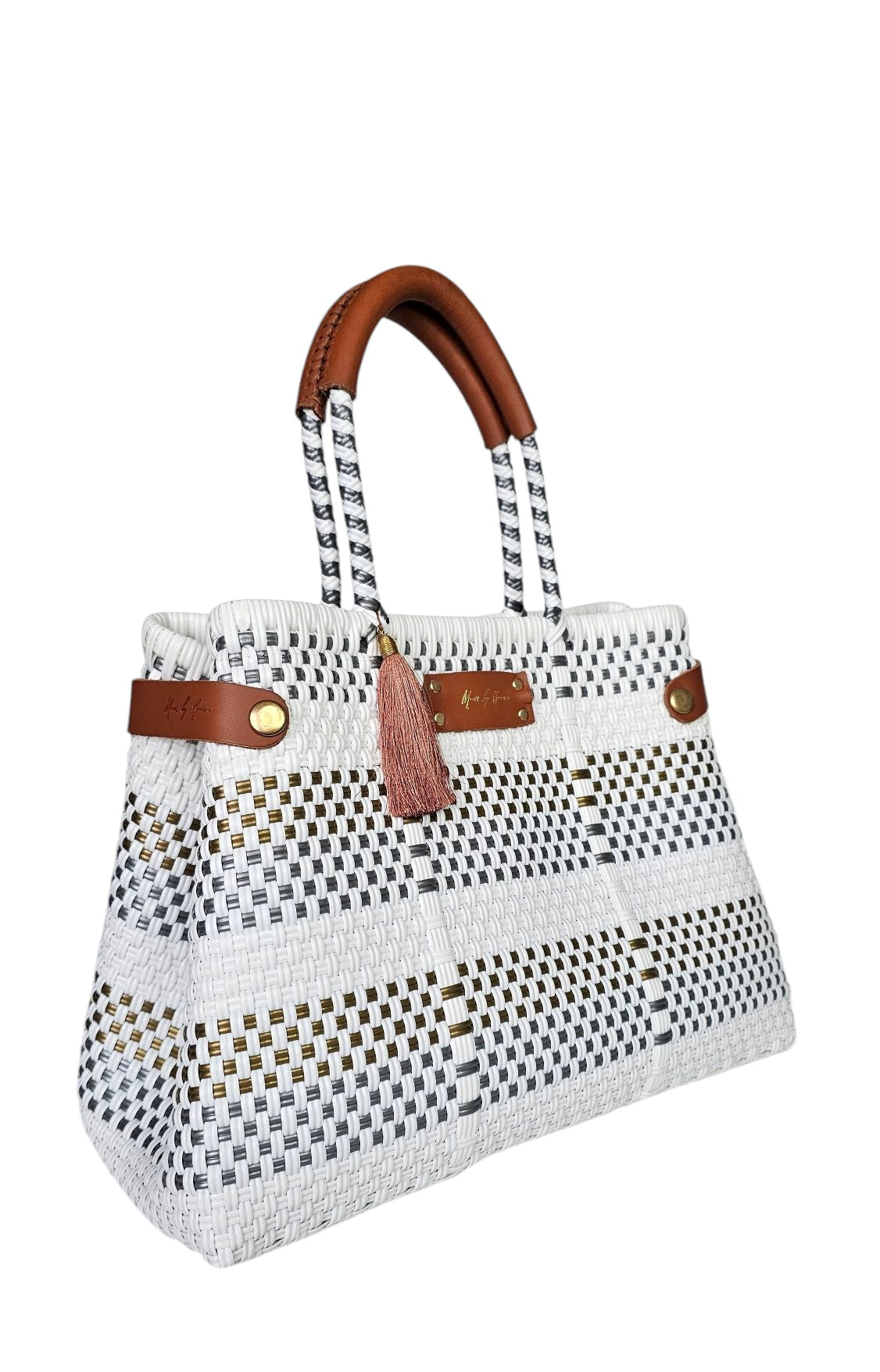 Less Pollution Convertible Tote Handbag – White Paradise — handwoven recycled-plastic convertible handbag and tote by Mavis by Herrera