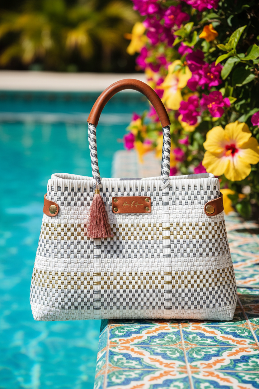 White Paradise convertible handbag in a colorful resort setting