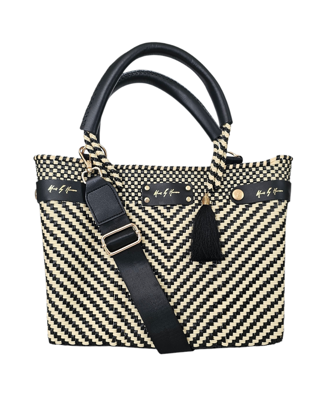 Mini Less Pollution Convertible Crossbody Bag - Ivory Black Luxe: ivory and black handwoven mini tote with black handles and crossbody strap.