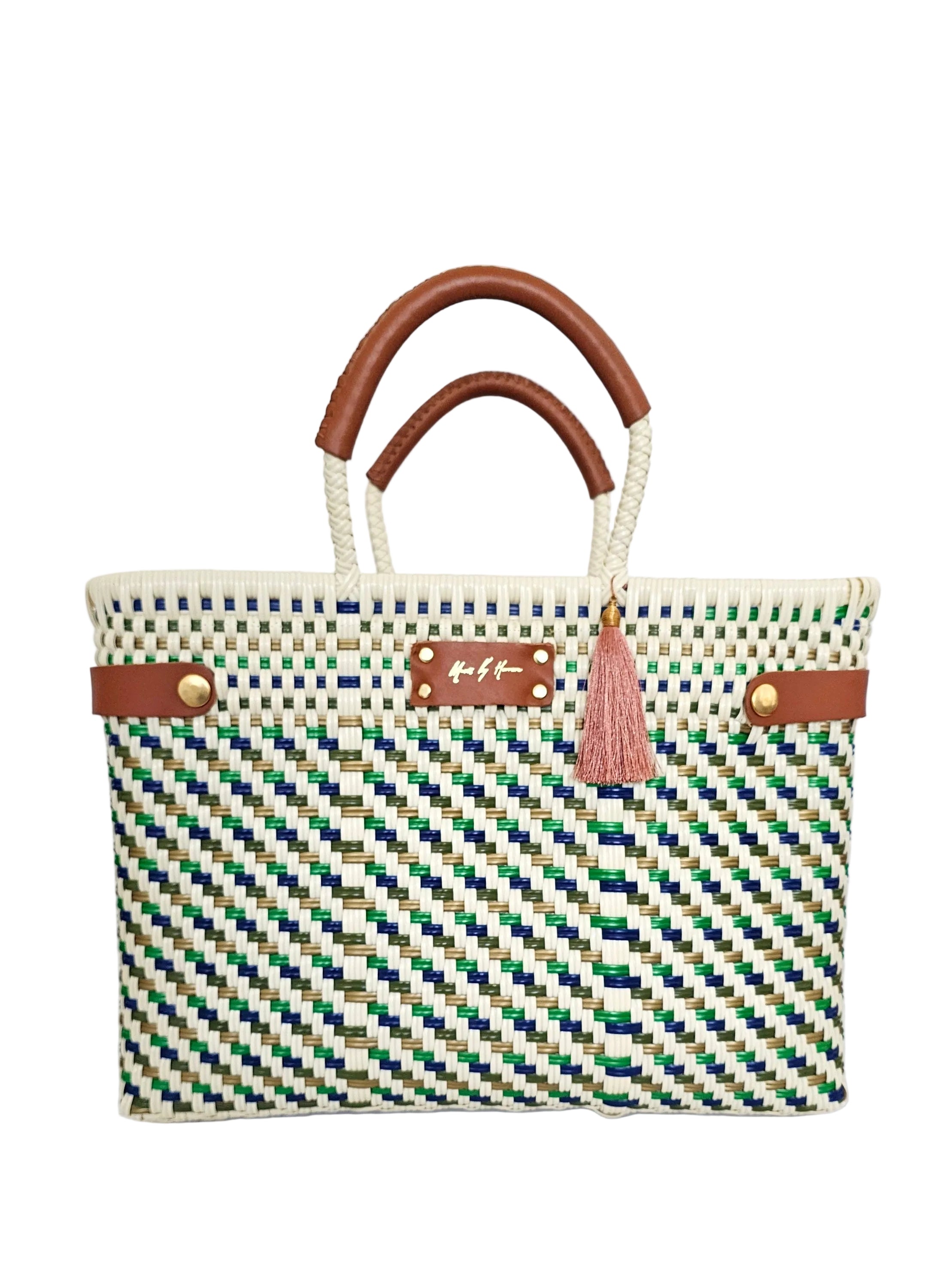 Mavis by Herrera Evergreen Coast artisan-woven handbag in ivory, deep green and coastal blue