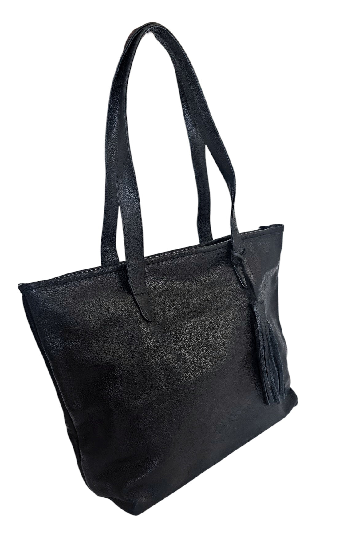 Black tote bag with a tassel on a white background