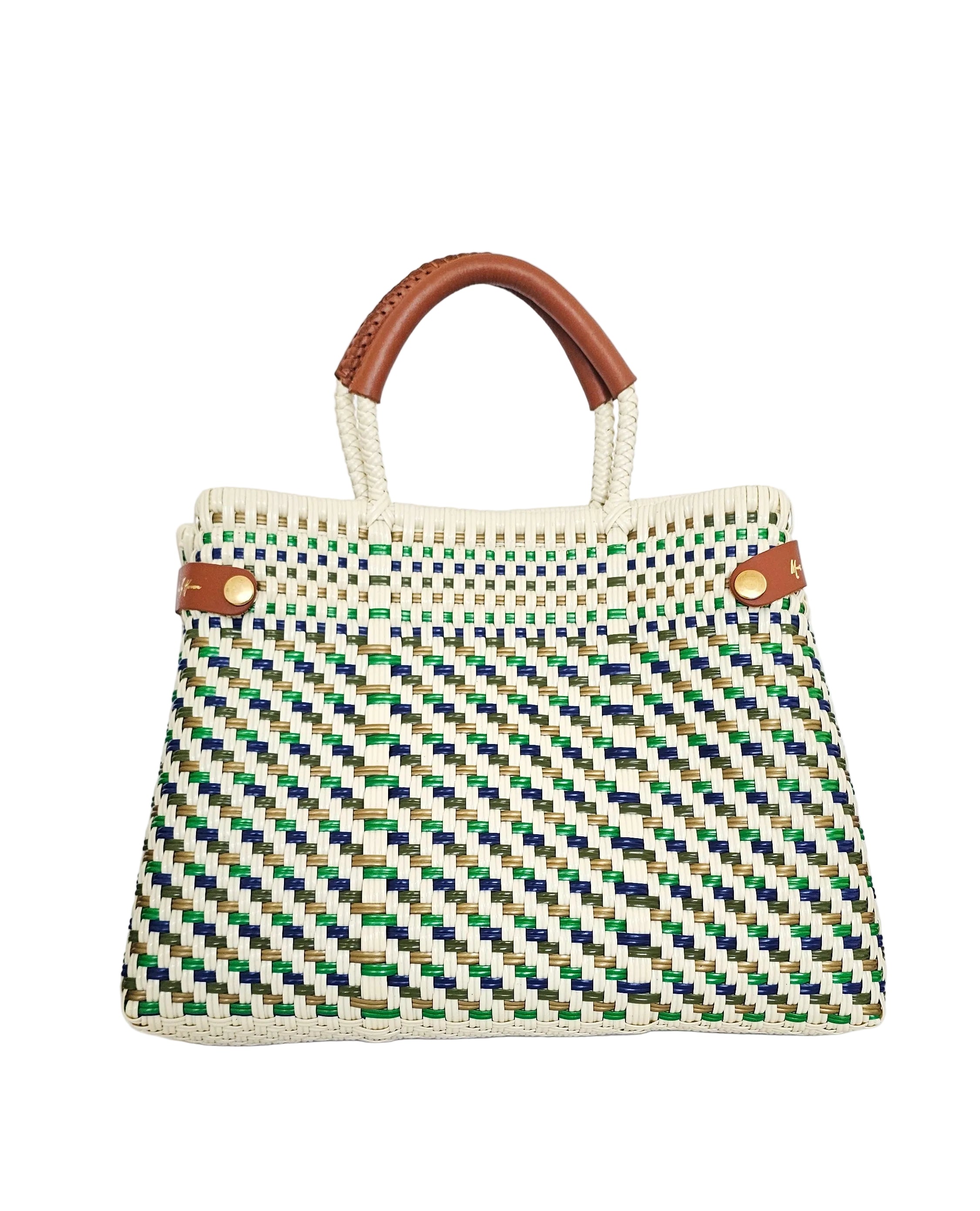 Handwoven recycled-plastic resort handbag with genuine leather handles in the Evergreen Coast colorway