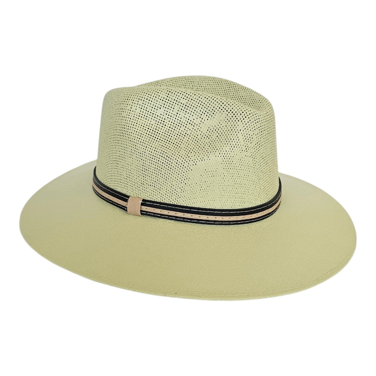 The Classic Hat - Mint: mint-green wide-brim hat with black hatband, side view.