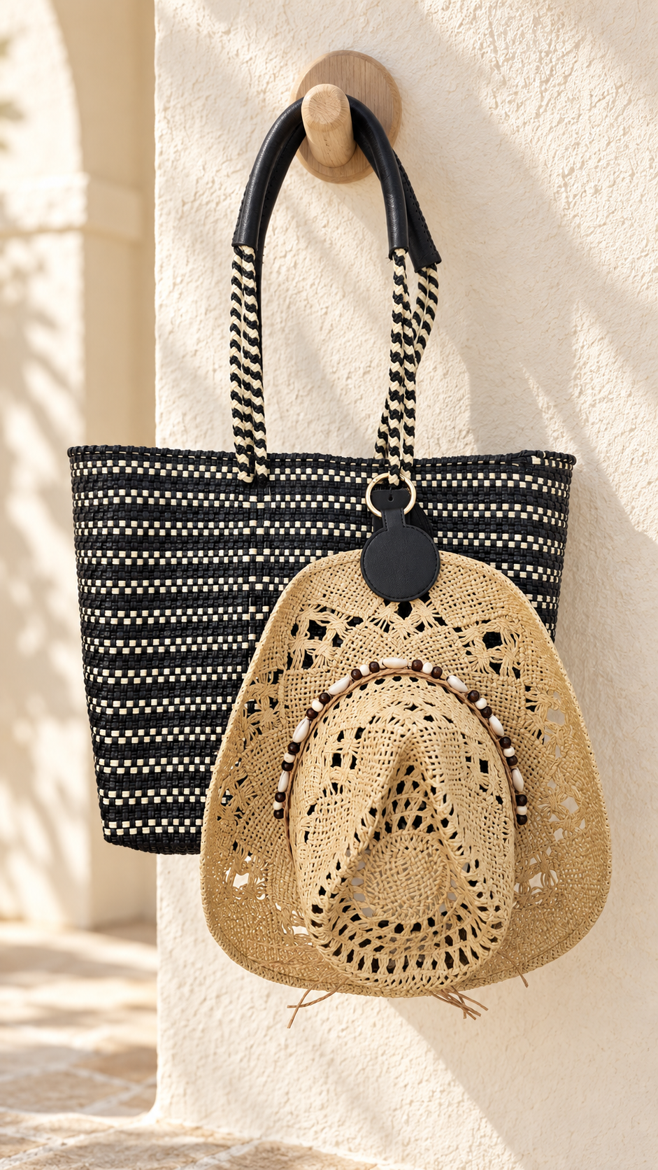 The Essential Magnetic Hat Clip - Black: black magnetic hat clip attaching a woven hat to a striped tote.