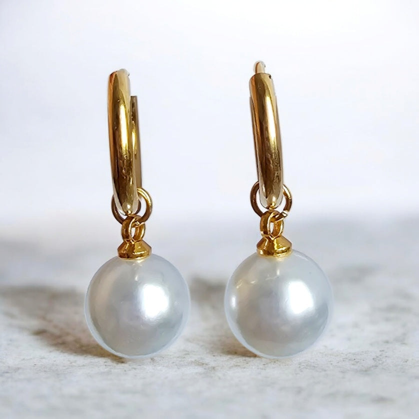The Essential Pearl Earrings: pearl drop hoop earrings, full pair.