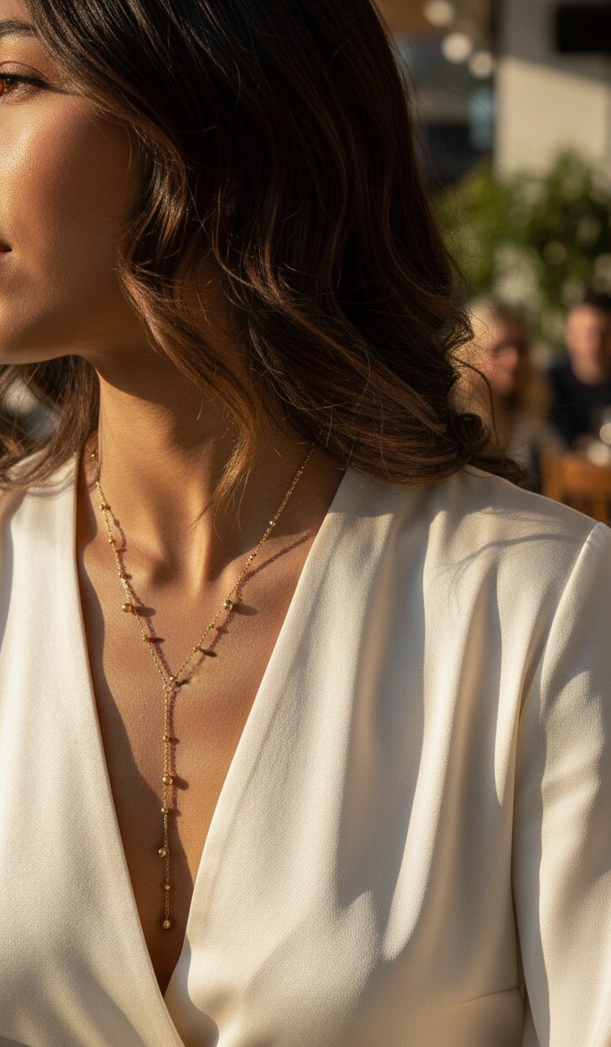 The Line Drop Necklace: model wearing a delicate gold-tone lariat necklace.