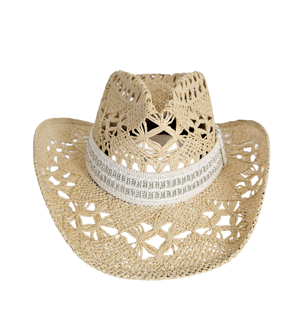 The Montecito Coastal Sparkling Hat: natural openwork western hat with sparkling hatband, front view.