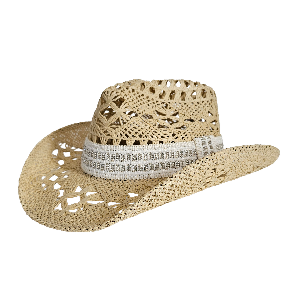 The Montecito Coastal Sparkling Hat: natural openwork western hat showing curved brim.
