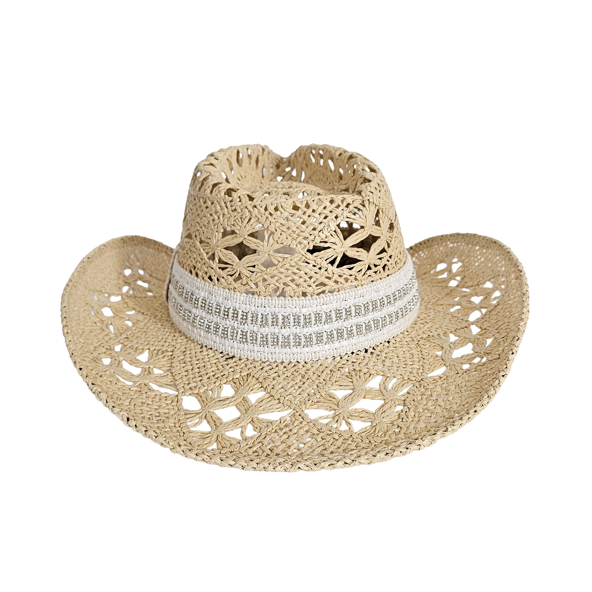 The Montecito Coastal Sparkling Hat: natural openwork western hat with sparkling hatband, rear view.